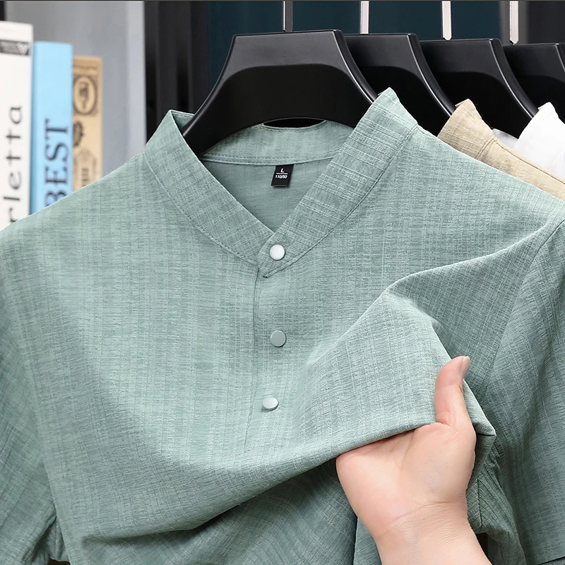 Home And Textiles - 夏用スタンドカラーハーフボタンメンズシャツ軽量テキスタイルブラウスデイリーストリートウェアホームレジャー＆短期旅行用衣装