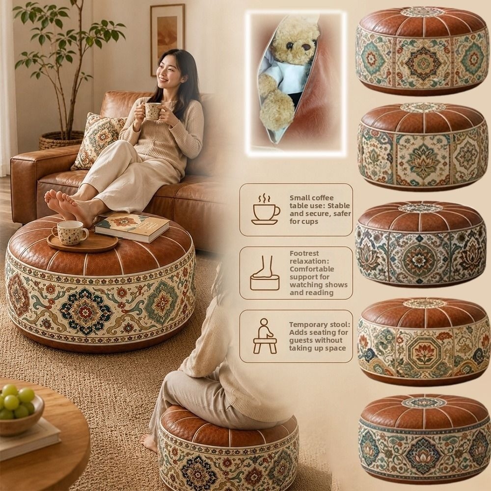 Floor Cushion Pouf - 新しいPUレザー製オットマンプーフ、ボホ柄、折りたたみ式フットスツール、詰め替え可能な丸型フロアシートクッション、多目的収納