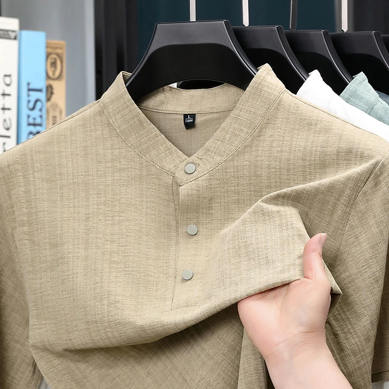 夏用スタンドカラーハーフボタンメンズシャツ軽量テキスタイルブ - Home And Textiles のレビューと価格