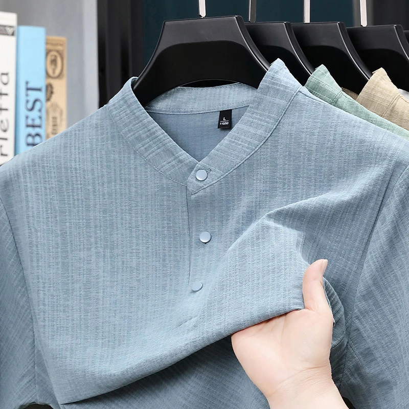 夏用スタンドカラーハーフボタンメンズシャツ軽量テキスタイルブ - Home And Textiles のレビューと価格