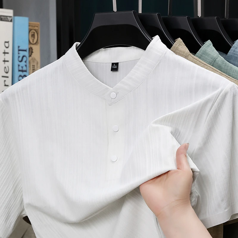 夏用スタンドカラーハーフボタンメンズシャツ軽量テキスタイルブ - Home And Textiles のレビューと価格