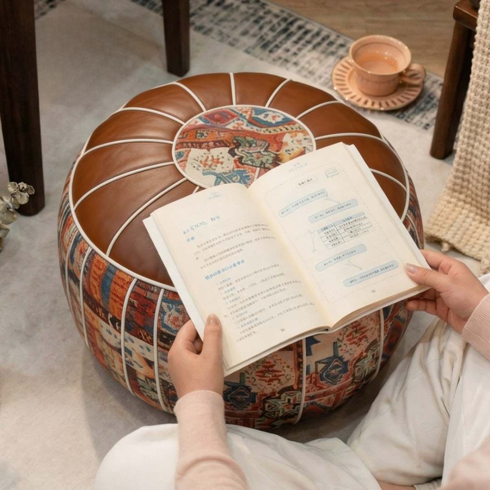 ボヘミアン柄オットマンプーフPUレザー大型開口部フットスツー - Floor Cushion Pouf のレビューと価格