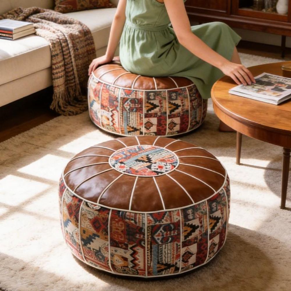 ボヘミアン柄オットマンプーフPUレザー大型開口部フットスツー - Floor Cushion Pouf のレビューと価格